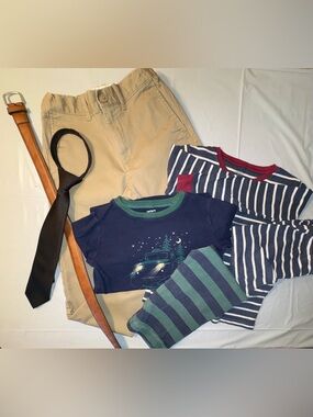 Bundle of Khaki Chinos, Belt, & Tie, Plus 2 Pairs of Striped Pajamas